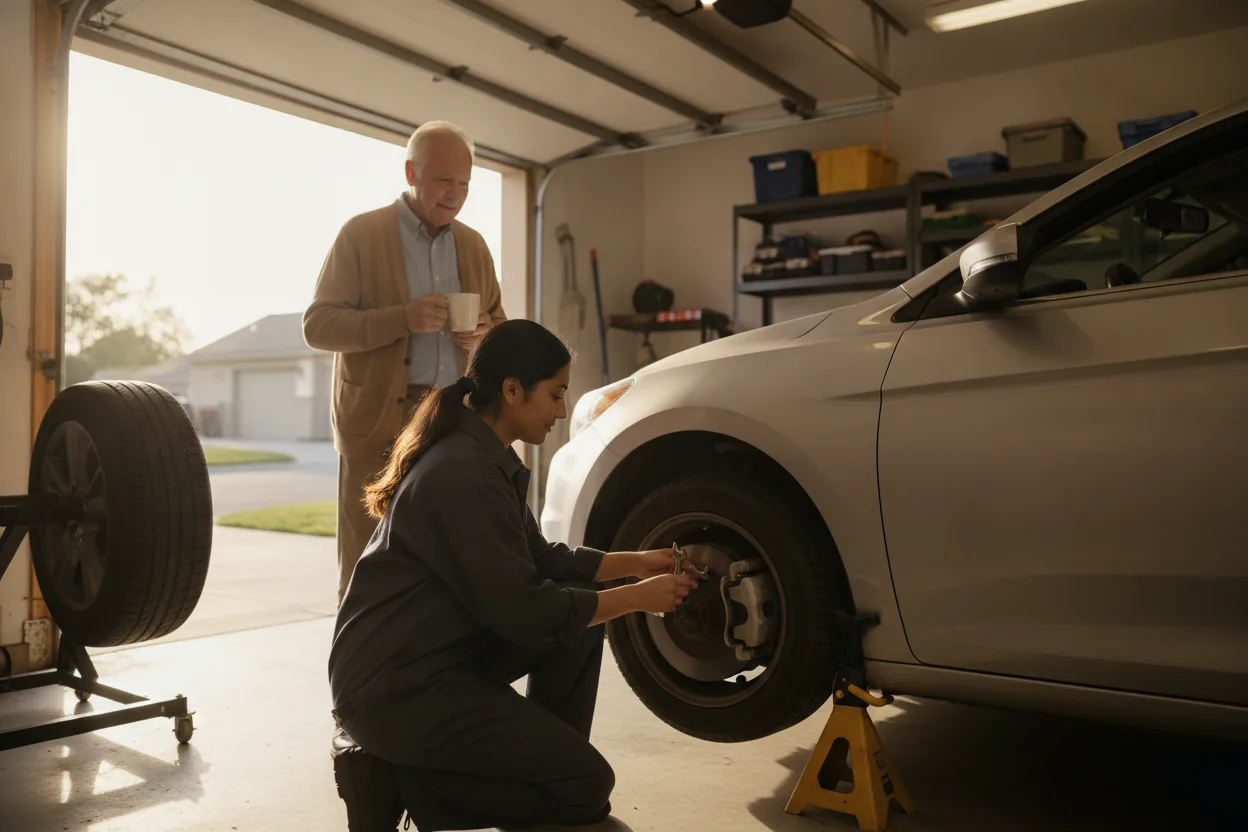 Mechanic replacing brake pads on a car supported by a jack stand in a home garage while an older man holding a mug looks on