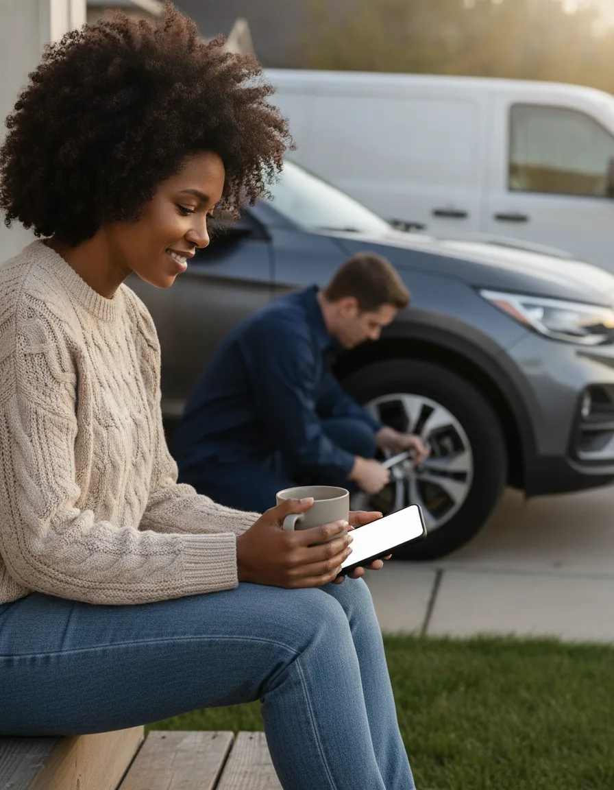 Woman sitting on her front steps with a coffee mug and a phone while a mechanic works on the wheel of her car in the driveway behind her