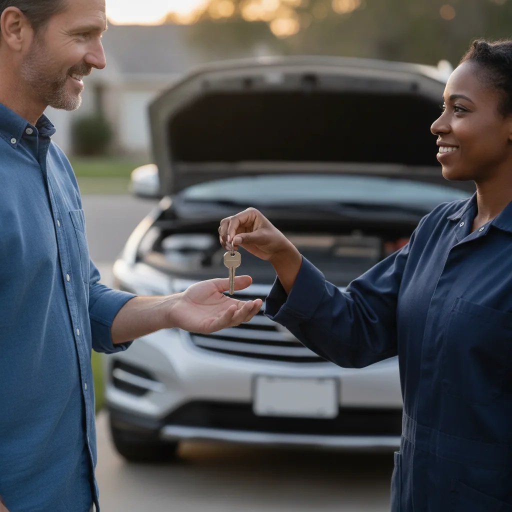 Mechanic handing a set of car keys to a smiling customer in front of a car with its hood open