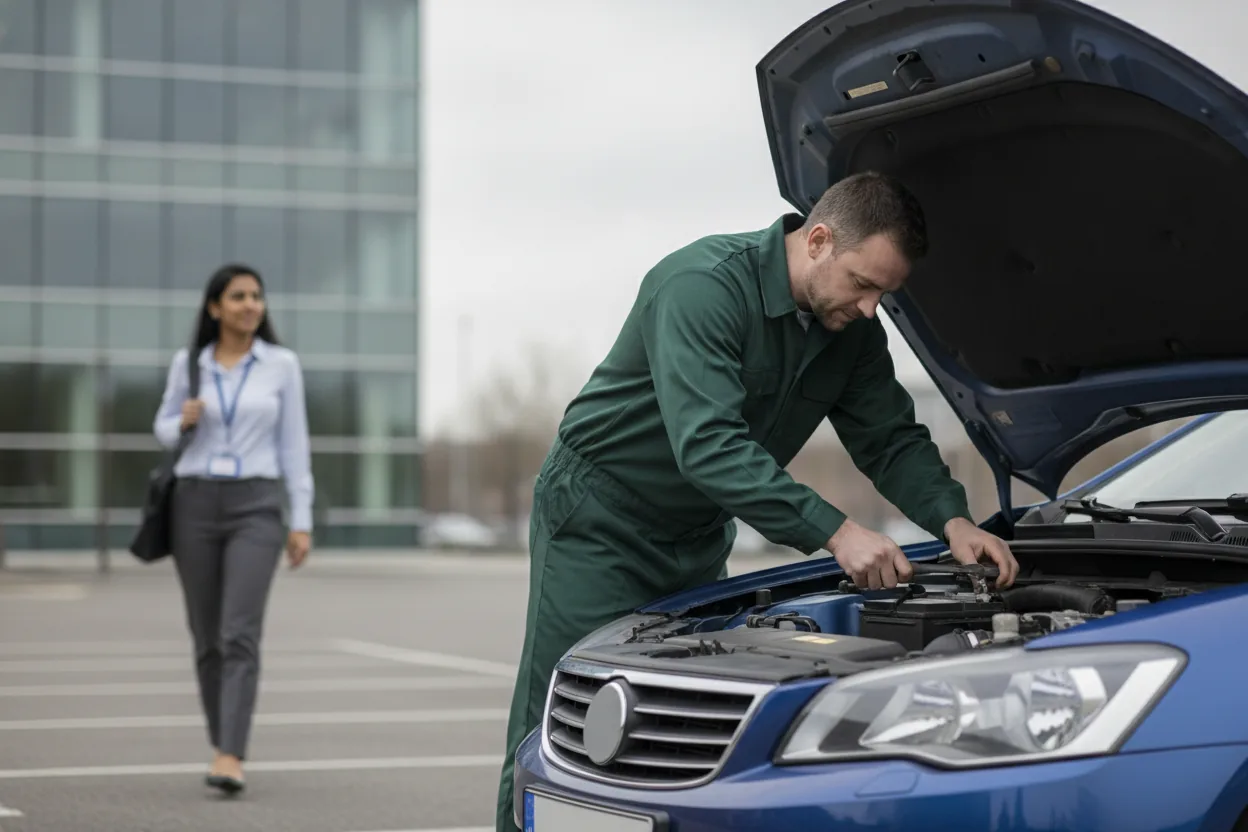 Mechanic in a green work uniform working under the hood of a blue car in an office parking lot while a woman with a laptop bag walks toward the building