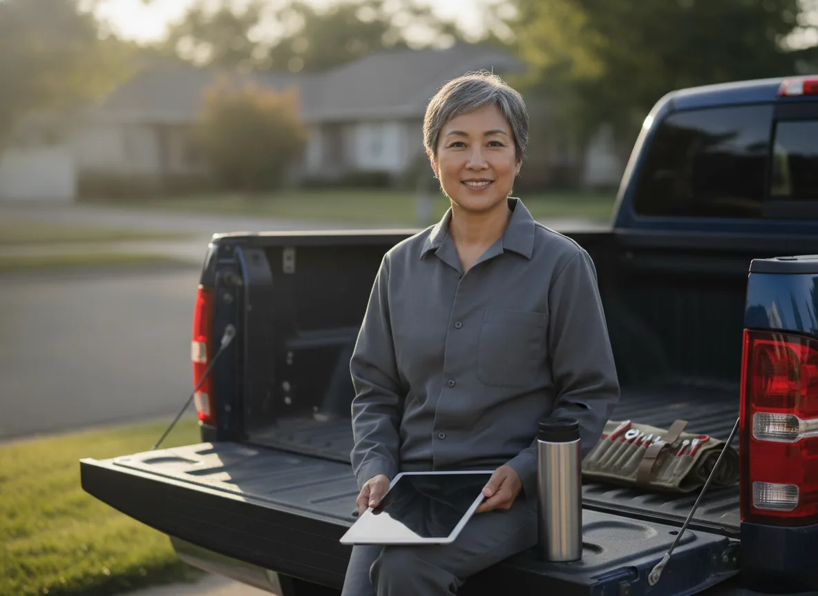 Smiling mechanic sitting on the open tailgate of a pickup truck with a tablet, a thermos and a tool roll beside her